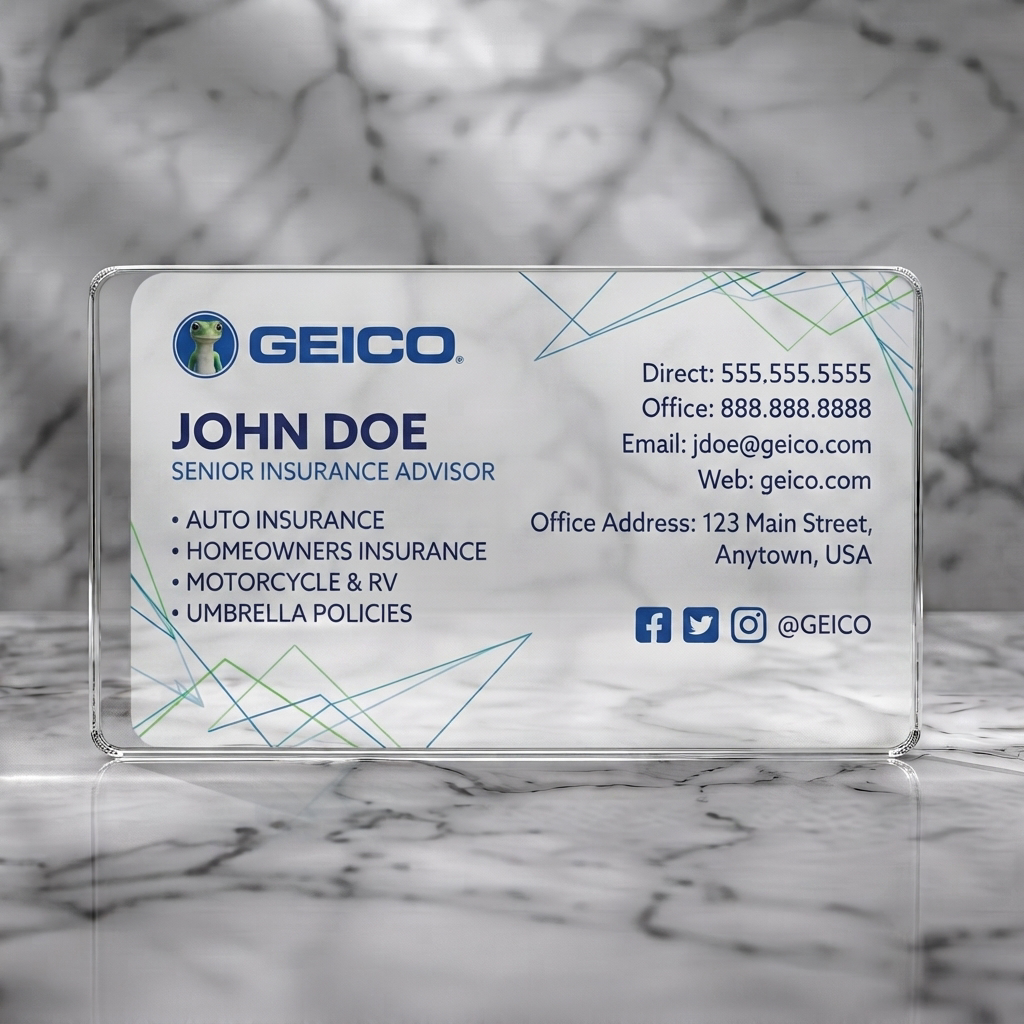 Clear plastic business card featuring gEICO branding, clean sans-serif typography, blue-toned palette, subtle geometric lines, social media icons