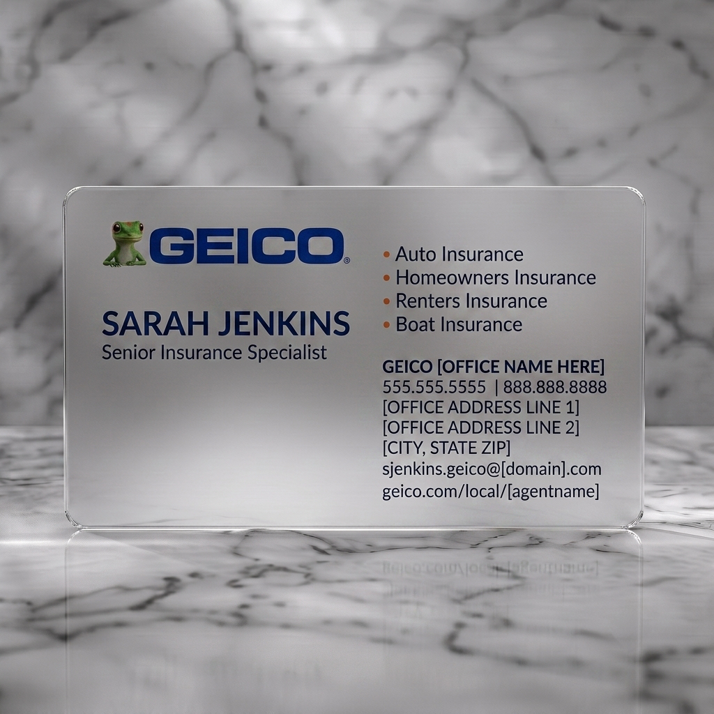 Frosted translucent plastic business card featuring gEICO gecko logo, corporate blue text, clean sans-serif fonts, and orange bullet points