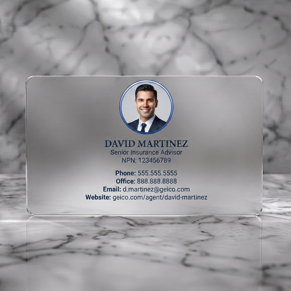 Frosted translucent plastic business card featuring gEICO gecko logo, professional portrait, blue branding, crisp serif text, social icons, QR code
