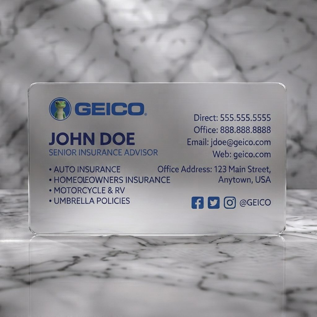 Frosted translucent plastic business card featuring gEICO branding, clean sans-serif typography, blue-toned palette, subtle geometric lines, social media icons