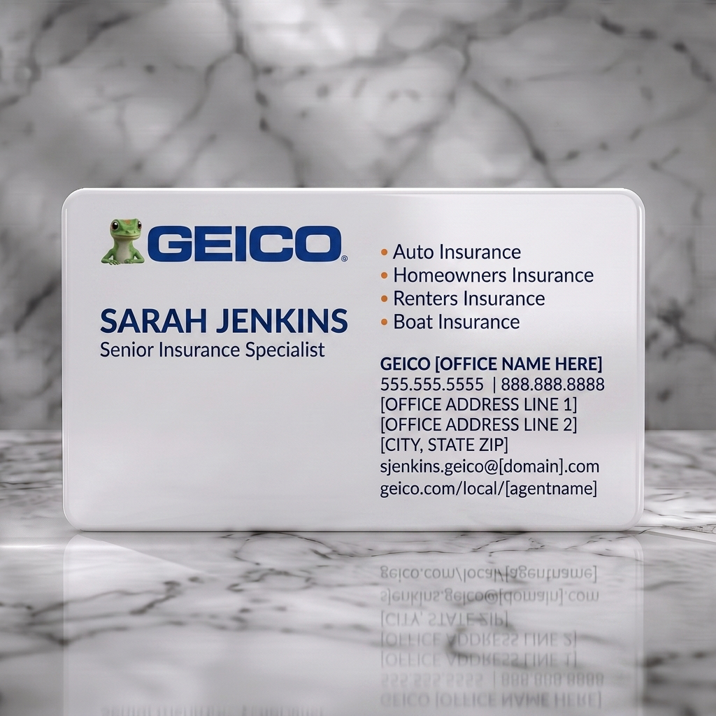 Solid white PVC business card featuring gEICO gecko logo, corporate blue text, clean sans-serif fonts, and orange bullet points