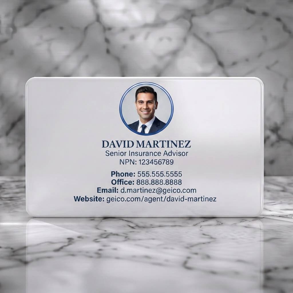 Solid white PVC business card featuring gEICO gecko logo, professional portrait, blue branding, crisp serif text, social icons, QR code
