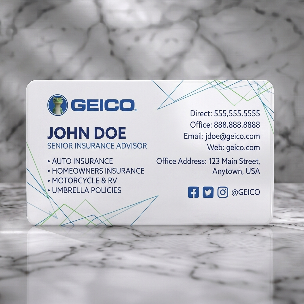 Solid white PVC business card featuring gEICO branding, clean sans-serif typography, blue-toned palette, subtle geometric lines, social media icons