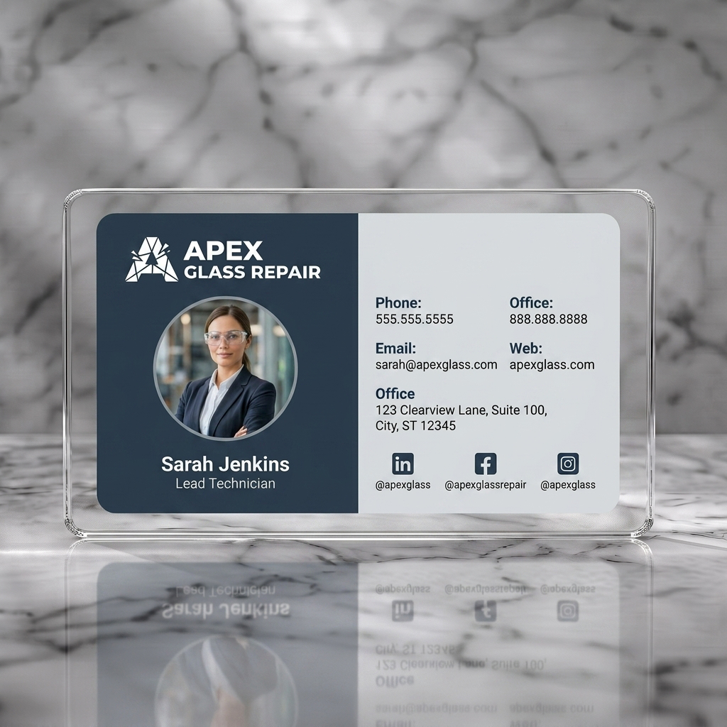 Clear plastic business card featuring modern, two-tone charcoal & off-white design, sans-serif typography, shattered glass logo, social icons