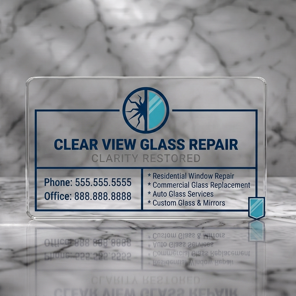 Clear plastic business card featuring a clean, modern design with dark blue and light blue colors, sans-serif typography, and glass repair icons