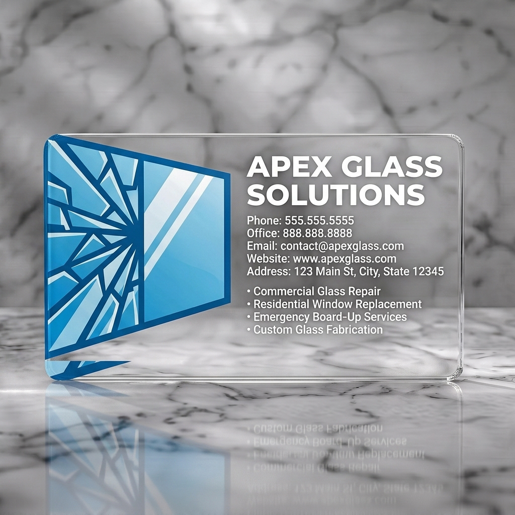 Clear plastic business card featuring geometric shattered window graphic, blue and white palette, clean sans-serif typography