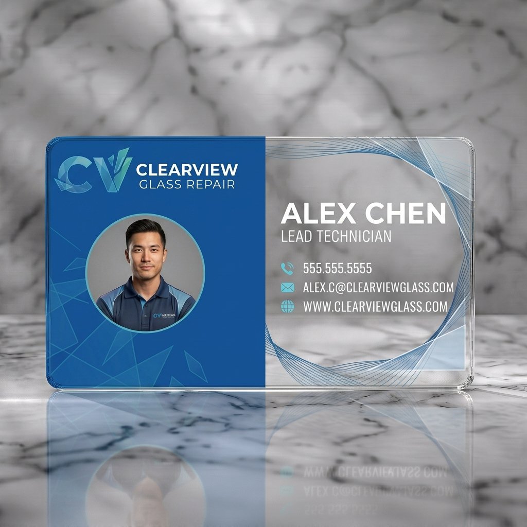 Clear plastic business card featuring modern blue geometric design with photo, sans-serif text, and simple contact icons