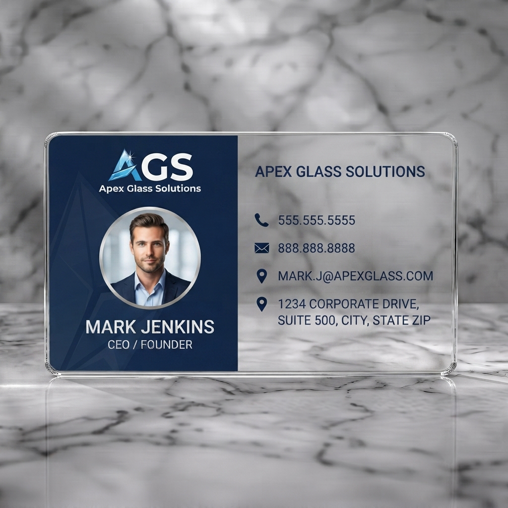 Clear plastic business card featuring modern blue & brushed silver design, glass-like logo, clean sans-serif text, contact icons