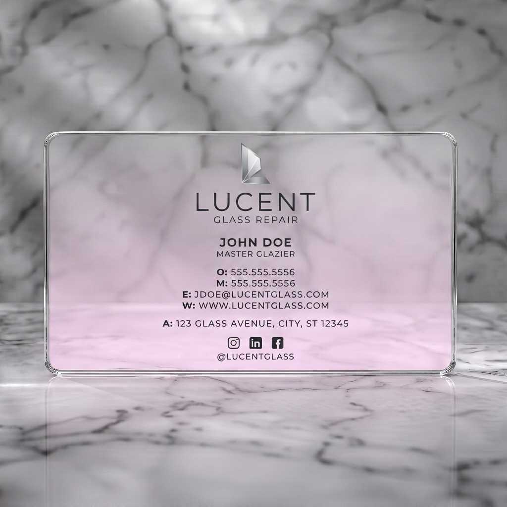 Clear plastic business card featuring a modern, clean design with a metallic L logo, sans-serif typography, icons, and a faint gradient