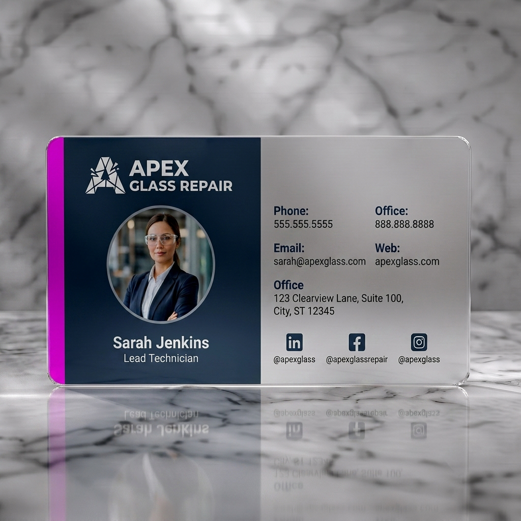 Frosted translucent plastic business card featuring modern, two-tone charcoal & off-white design, sans-serif typography, shattered glass logo, social icons