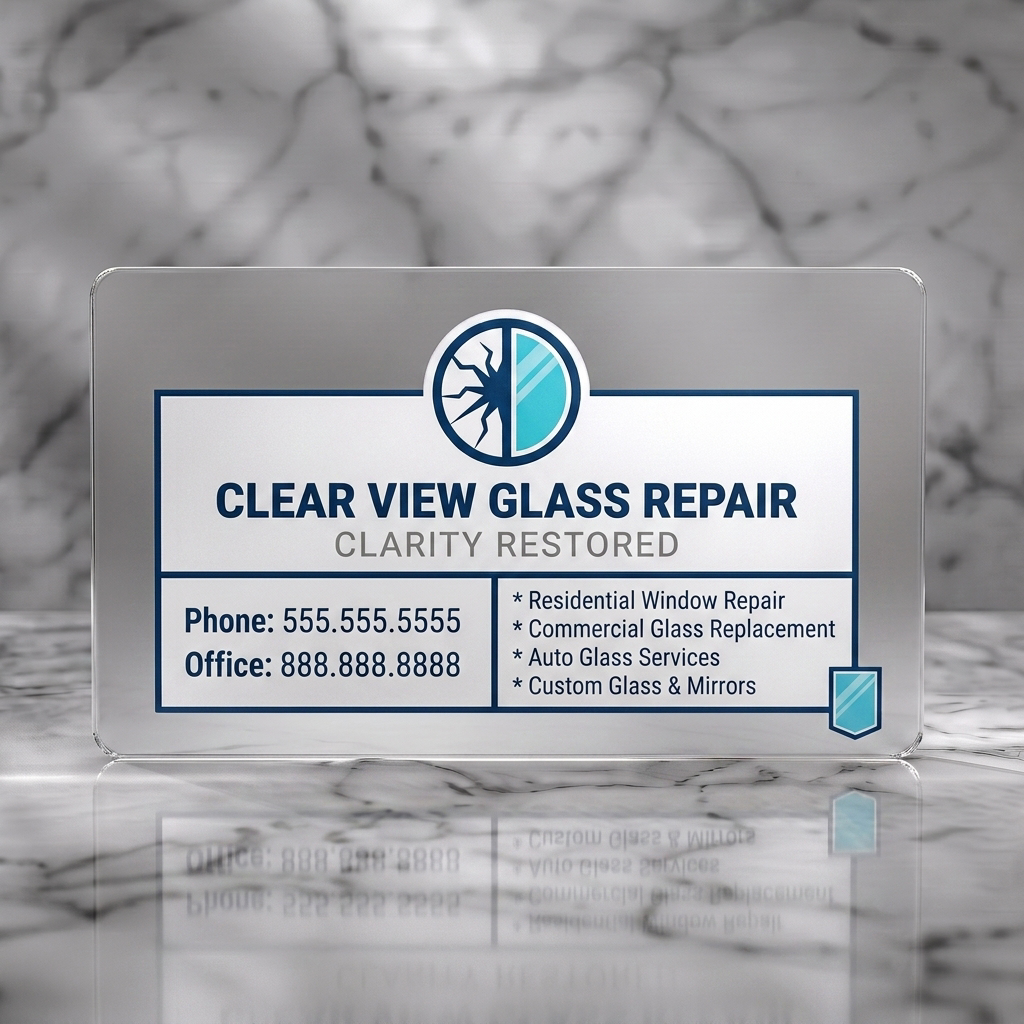 Frosted translucent plastic business card featuring a clean, modern design with dark blue and light blue colors, sans-serif typography, and glass repair icons