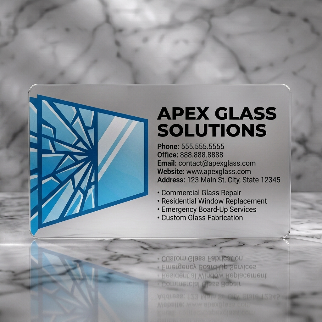 Frosted translucent plastic business card featuring geometric shattered window graphic, blue and white palette, clean sans-serif typography
