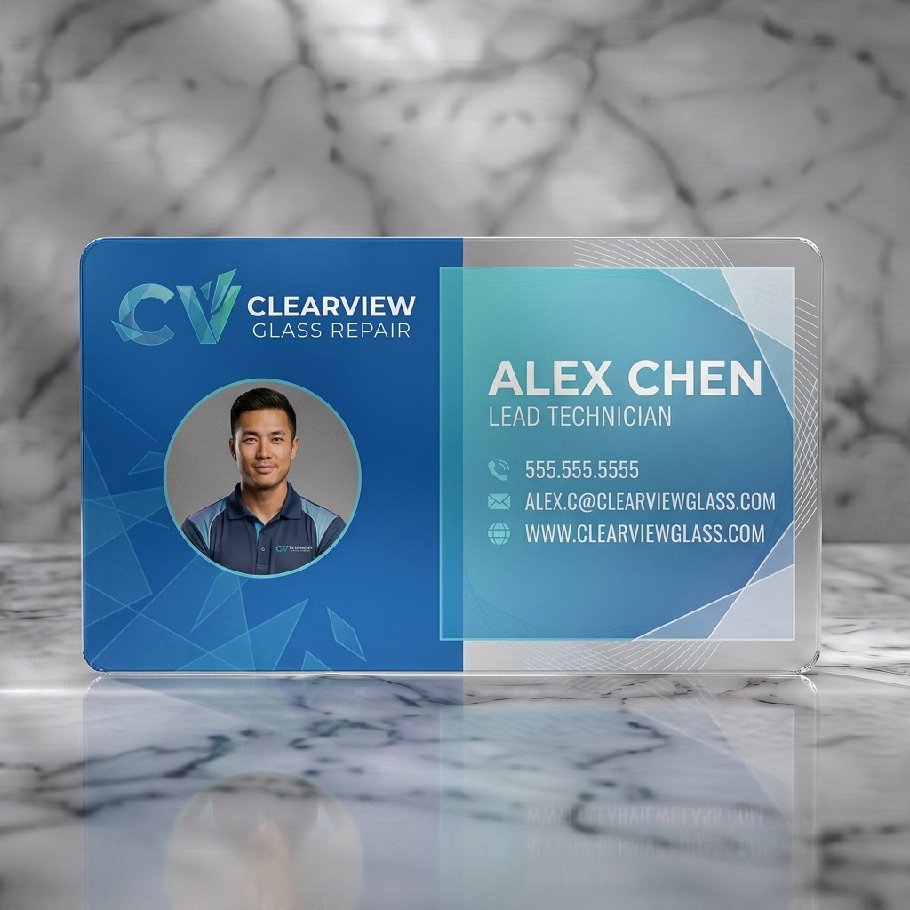 Frosted translucent plastic business card featuring modern blue geometric design with photo, sans-serif text, and simple contact icons