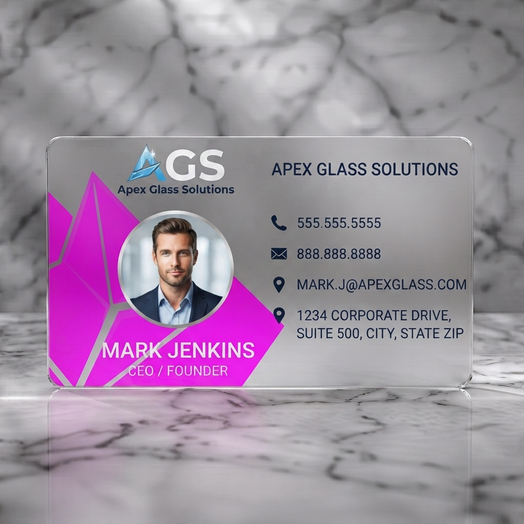 Frosted translucent plastic business card featuring modern blue & brushed silver design, glass-like logo, clean sans-serif text, contact icons