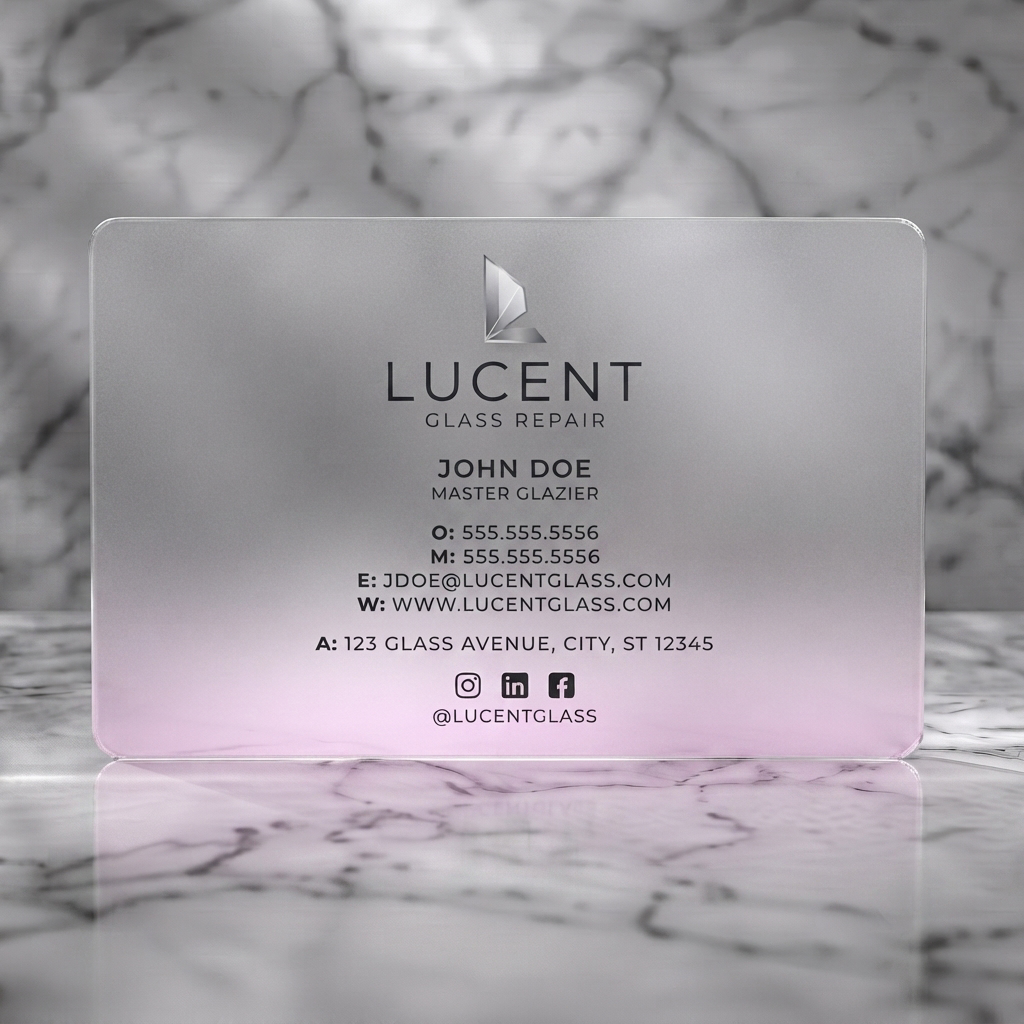 Frosted translucent plastic business card featuring a modern, clean design with a metallic L logo, sans-serif typography, icons, and a faint gradient