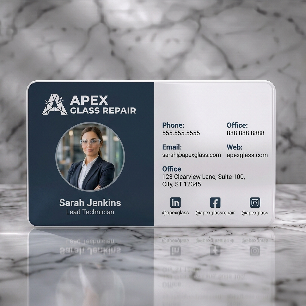 Solid white PVC business card featuring modern, two-tone charcoal & off-white design, sans-serif typography, shattered glass logo, social icons
