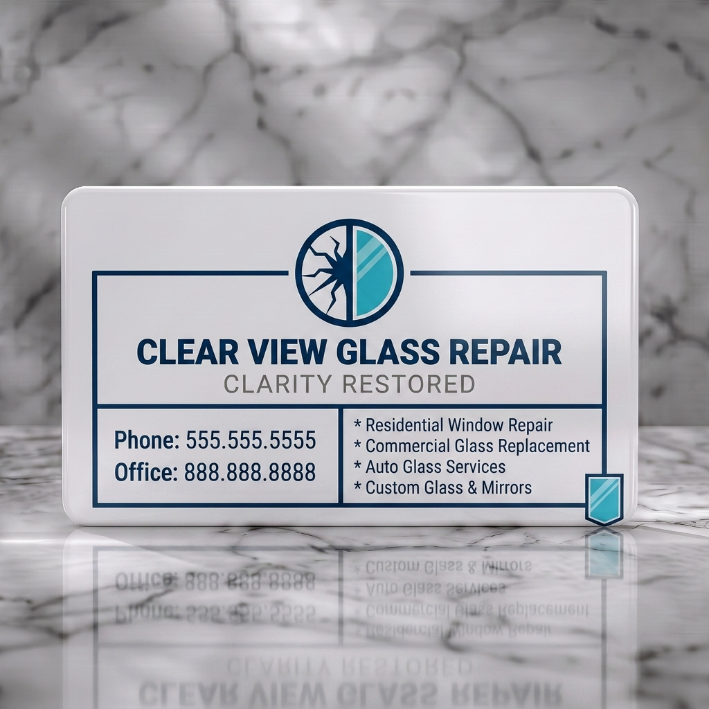 Solid white PVC business card featuring a clean, modern design with dark blue and light blue colors, sans-serif typography, and glass repair icons