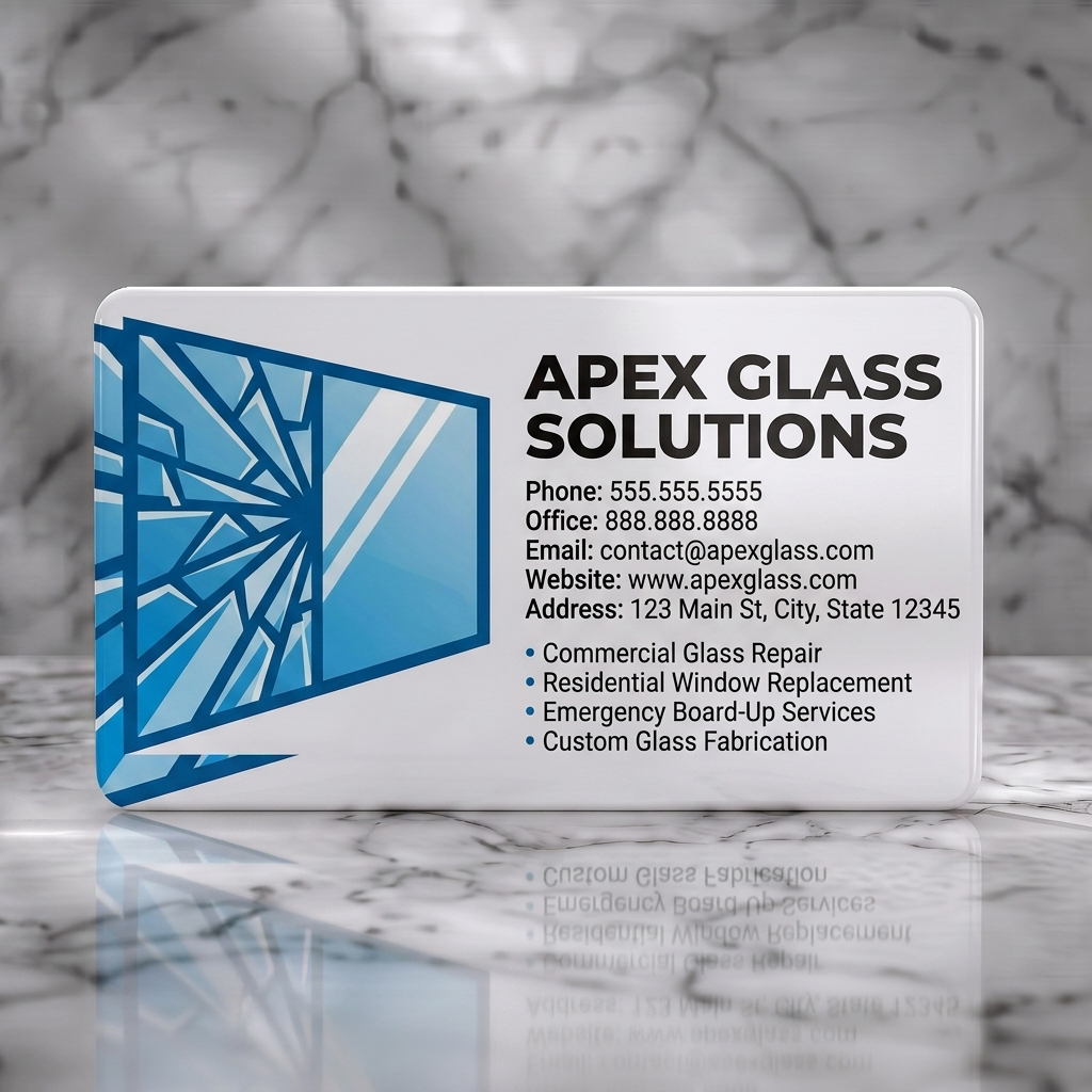Solid white PVC business card featuring geometric shattered window graphic, blue and white palette, clean sans-serif typography