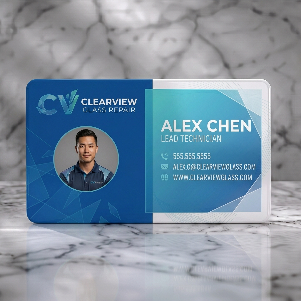 Solid white PVC business card featuring modern blue geometric design with photo, sans-serif text, and simple contact icons