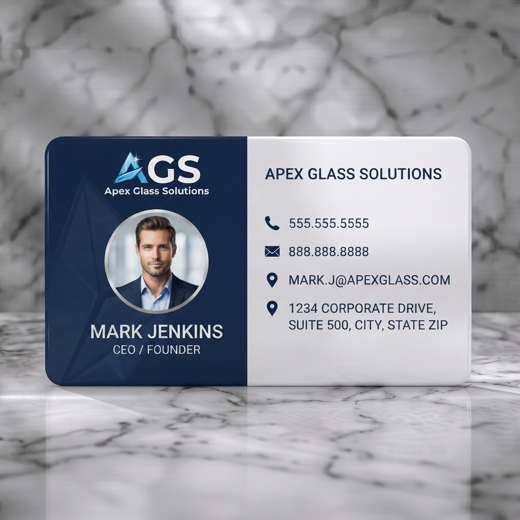 Solid white PVC business card featuring modern blue & brushed silver design, glass-like logo, clean sans-serif text, contact icons