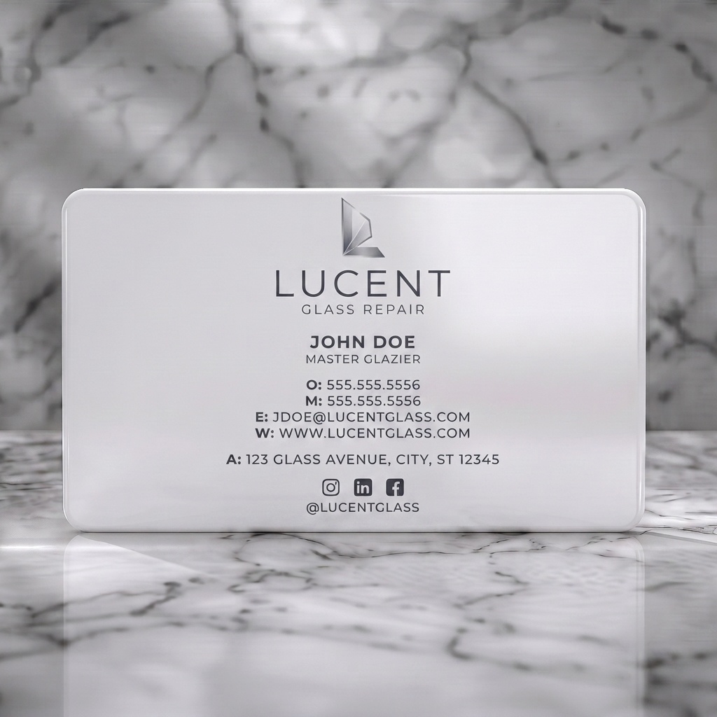 Solid white PVC business card featuring a modern, clean design with a metallic L logo, sans-serif typography, icons, and a faint gradient