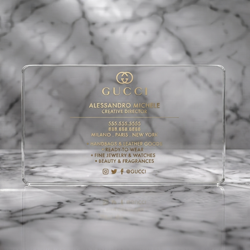 Clear plastic business card featuring elegant black textured design with gold serif and sans-serif typography, Gucci logo, and social icons