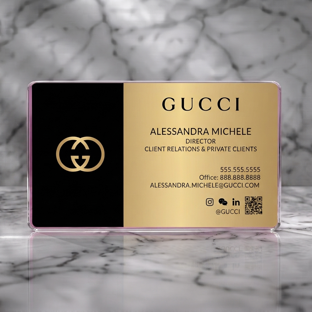 Clear plastic business card featuring a sleek black and gold design with elegant typography, iconic Gucci logo, and social media links