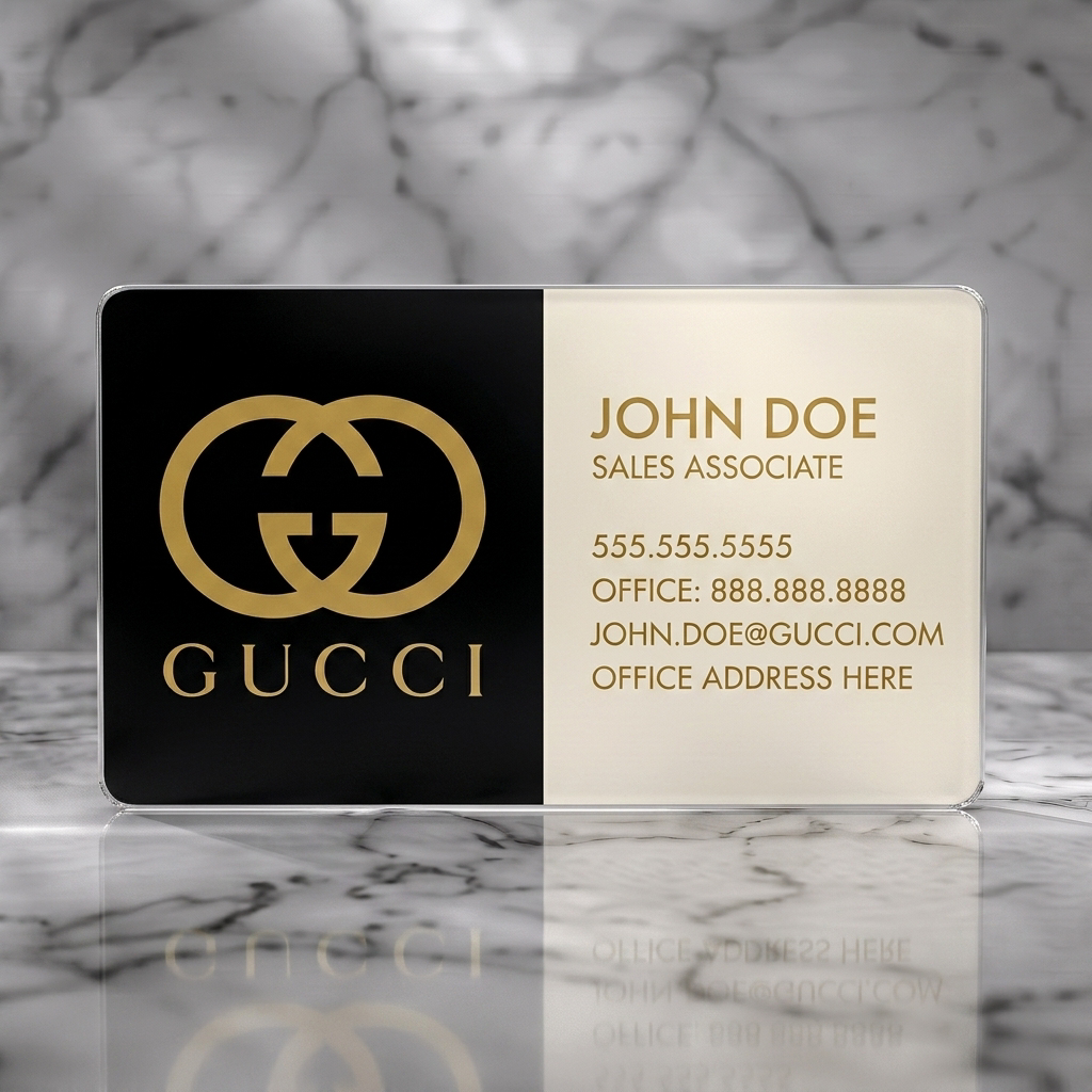 Frosted translucent plastic business card featuring a luxurious black and off-white split design, gold Gucci logo, and elegant sans-serif text
