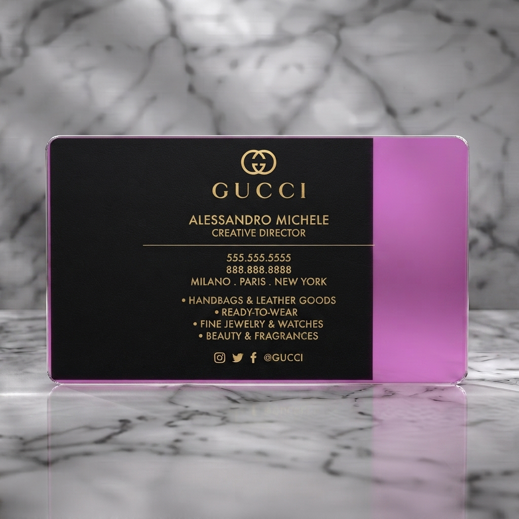 Frosted translucent plastic business card featuring elegant black textured design with gold serif and sans-serif typography, Gucci logo, and social icons
