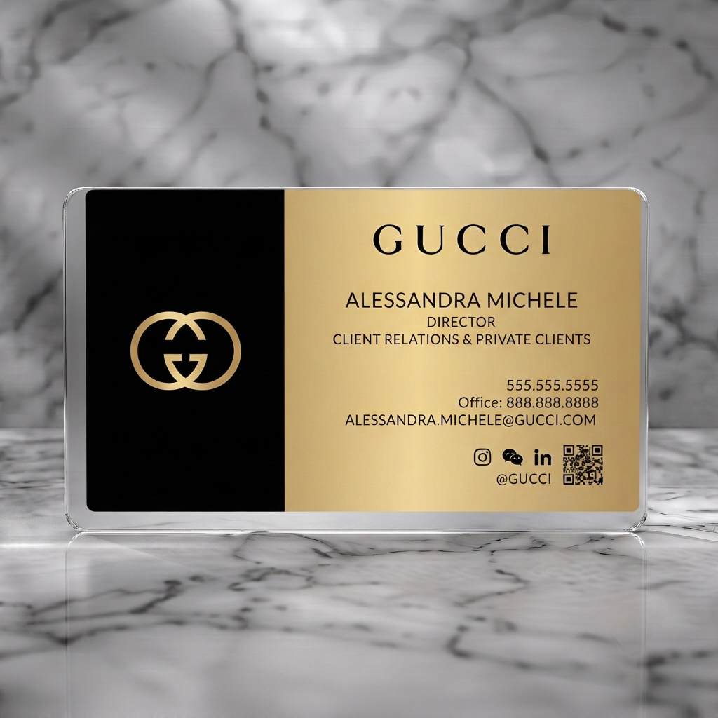 Frosted translucent plastic business card featuring a sleek black and gold design with elegant typography, iconic Gucci logo, and social media links