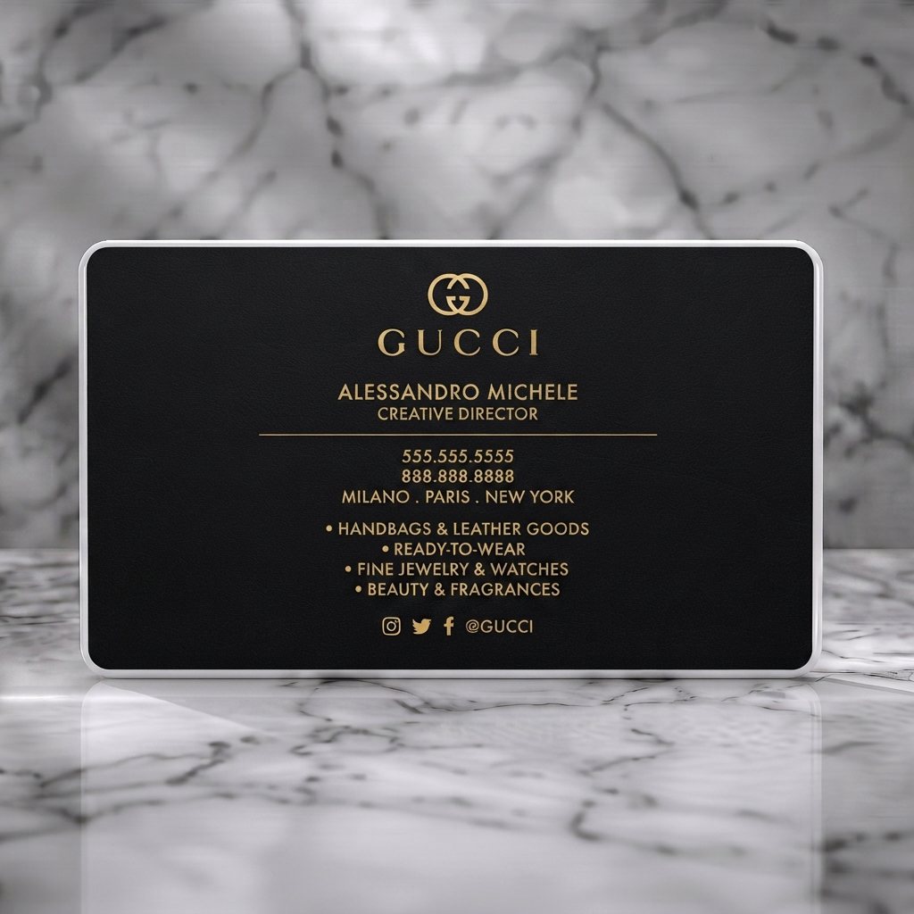 Solid white PVC business card featuring elegant black textured design with gold serif and sans-serif typography, Gucci logo, and social icons