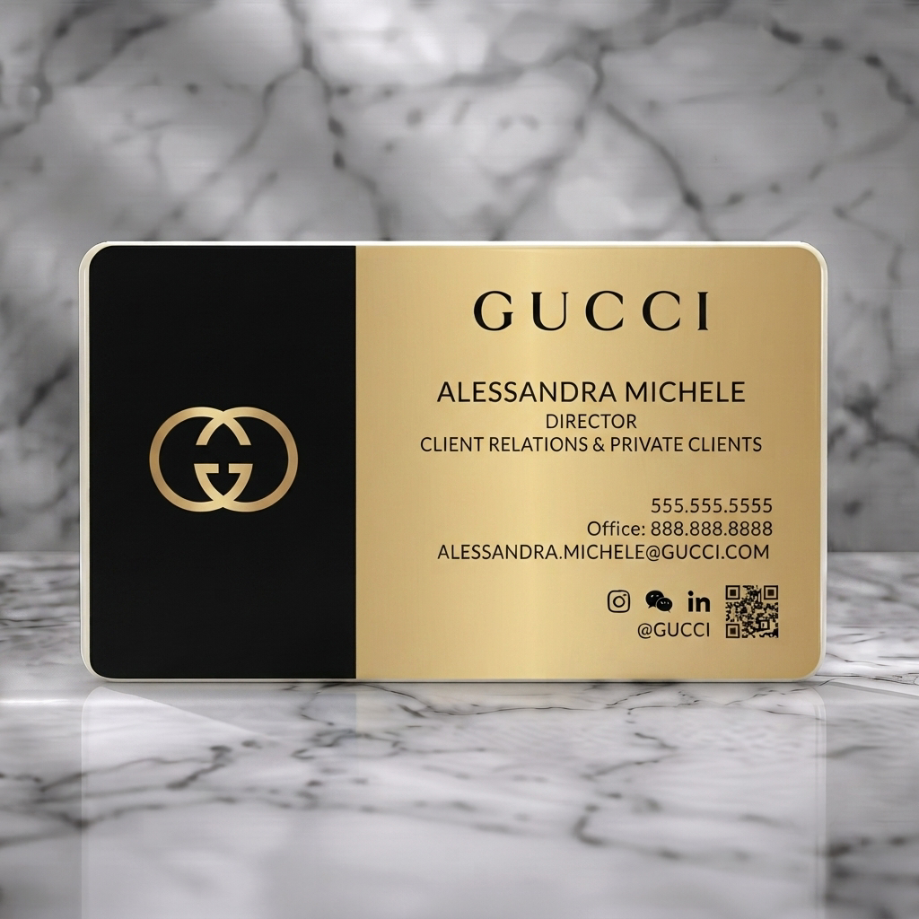 Solid white PVC business card featuring a sleek black and gold design with elegant typography, iconic Gucci logo, and social media links