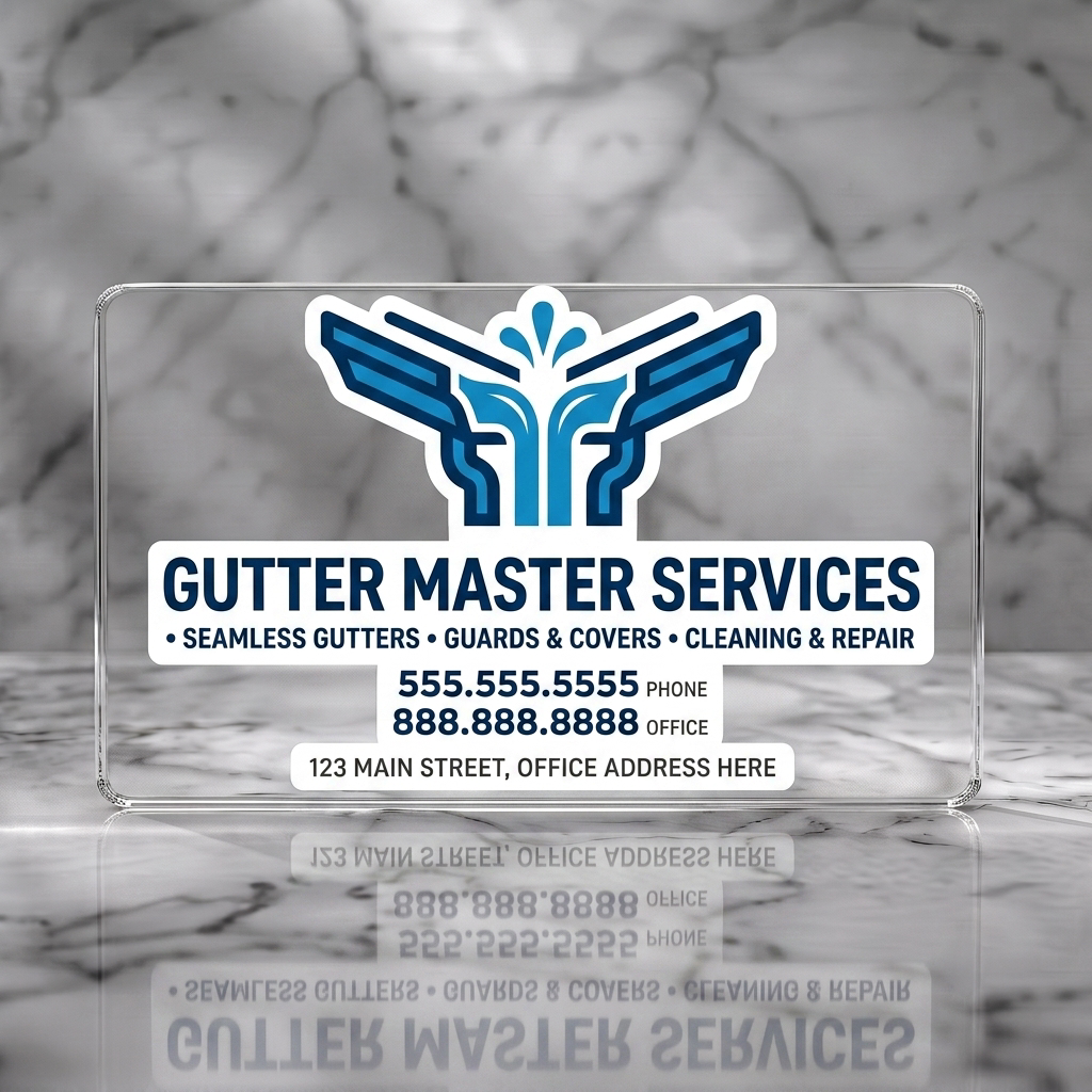 Clear plastic business card featuring a modern blue gutter logo with water detail, bold sans-serif typography, and organized white text blocks