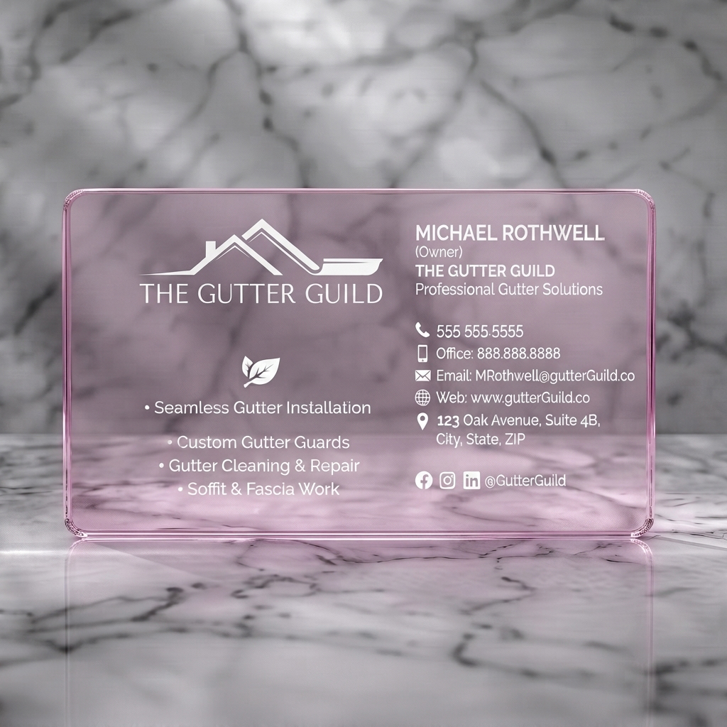 Clear plastic business card featuring clean, professional charcoal and white design, sans-serif typography, gutter logo, and contact icons