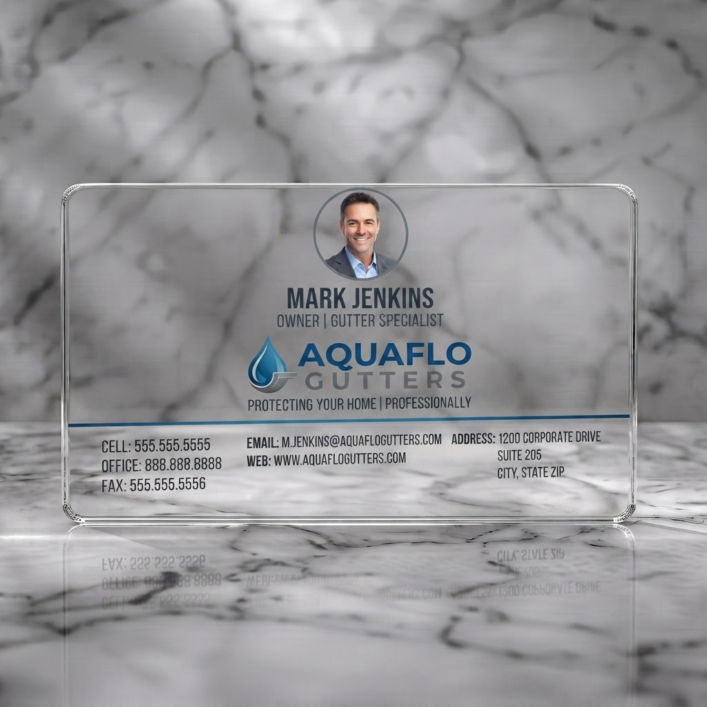 Clear plastic business card featuring a professional, modern design with a profile photo, blue/grey branding, sans-serif fonts, and a droplet logo