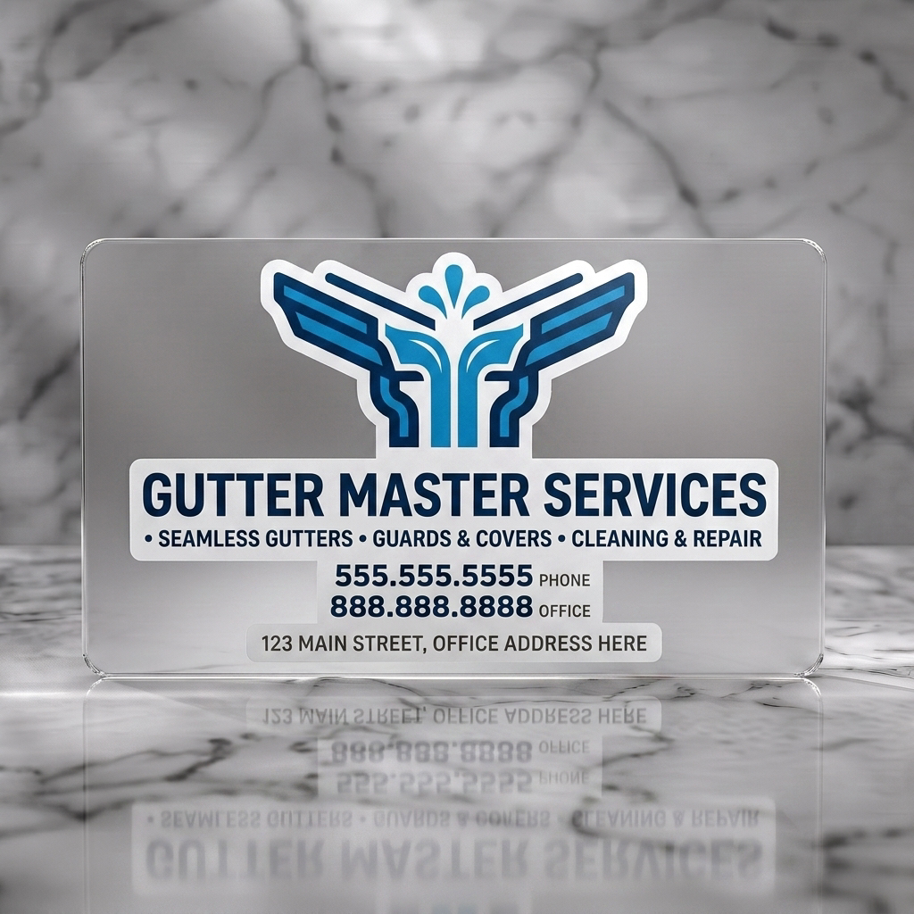 Frosted translucent plastic business card featuring a modern blue gutter logo with water detail, bold sans-serif typography, and organized white text blocks