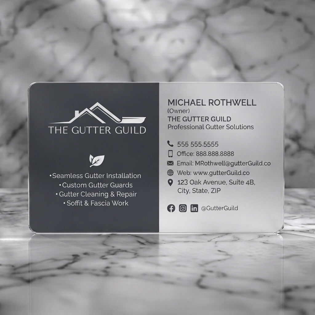 Frosted translucent plastic business card featuring clean, professional charcoal and white design, sans-serif typography, gutter logo, and contact icons