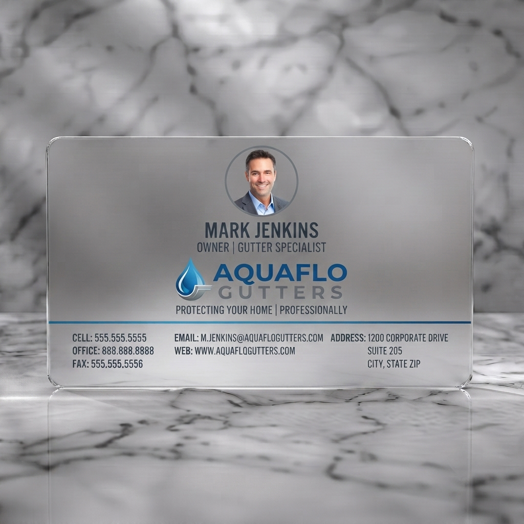 Frosted translucent plastic business card featuring a professional, modern design with a profile photo, blue/grey branding, sans-serif fonts, and a droplet logo