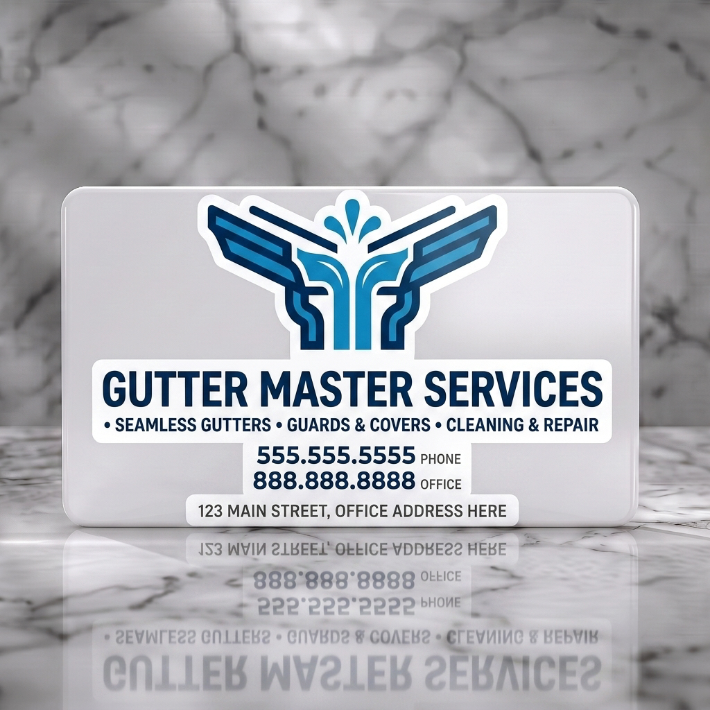 Solid white PVC business card featuring a modern blue gutter logo with water detail, bold sans-serif typography, and organized white text blocks
