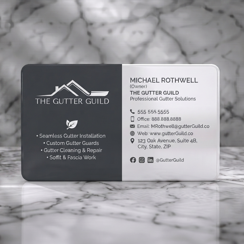 Solid white PVC business card featuring clean, professional charcoal and white design, sans-serif typography, gutter logo, and contact icons