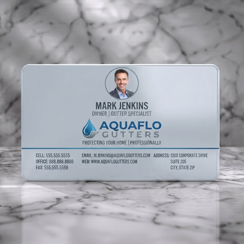 Solid white PVC business card featuring a professional, modern design with a profile photo, blue/grey branding, sans-serif fonts, and a droplet logo