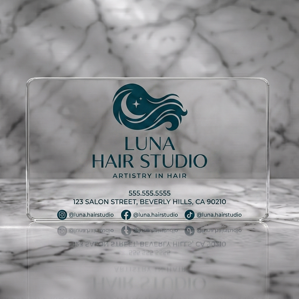 Clear plastic business card featuring elegant teal hair waves, moon, stars logo with clean typography & social media icons