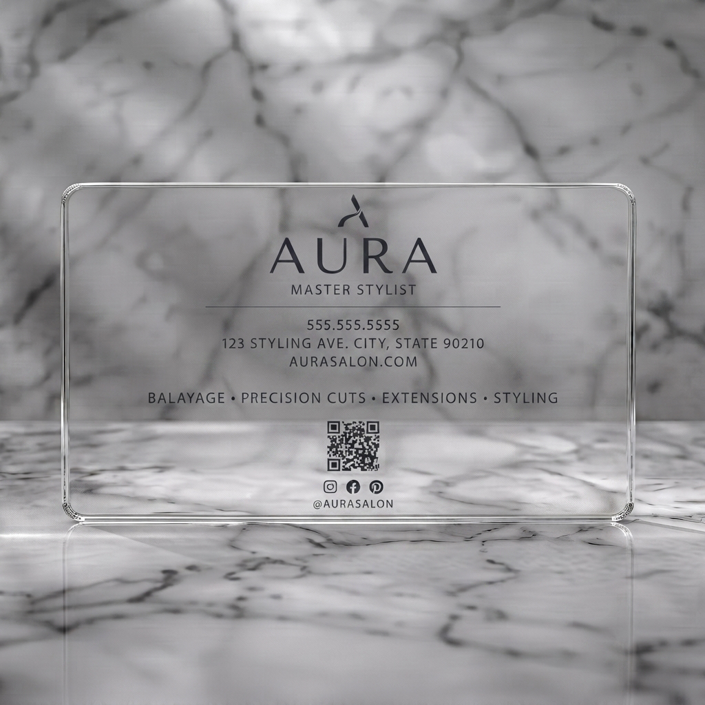 Clear plastic business card featuring a clean, minimalist design featuring a custom logomark, sans-serif typography, QR, and social icons