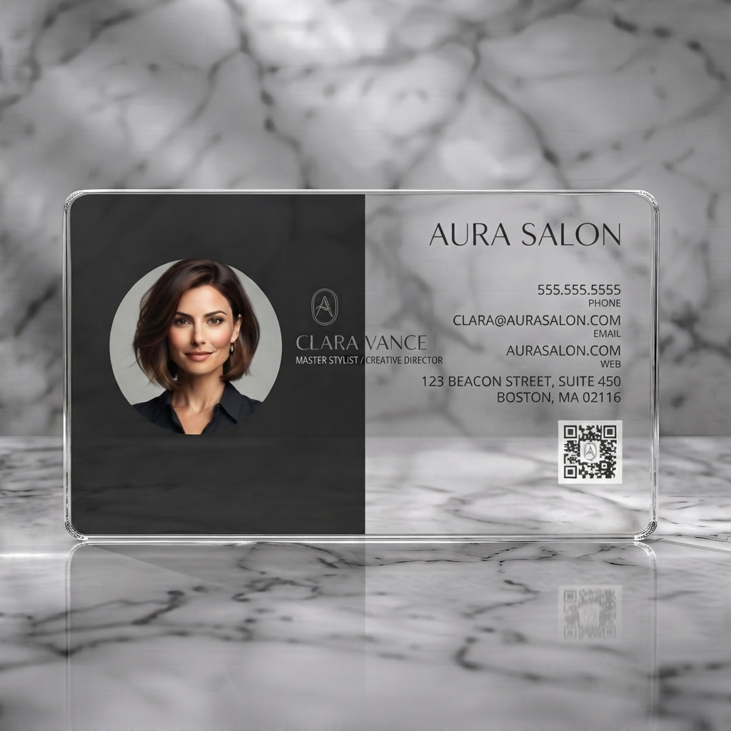 Clear plastic business card featuring modern two-tone design, professional headshot, elegant sans-serif fonts, and a subtle A logo