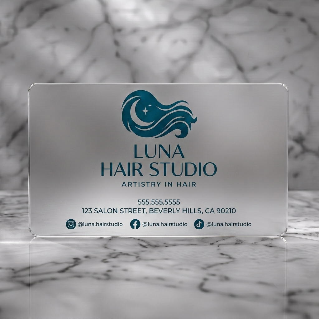 Frosted translucent plastic business card featuring elegant teal hair waves, moon, stars logo with clean typography & social media icons