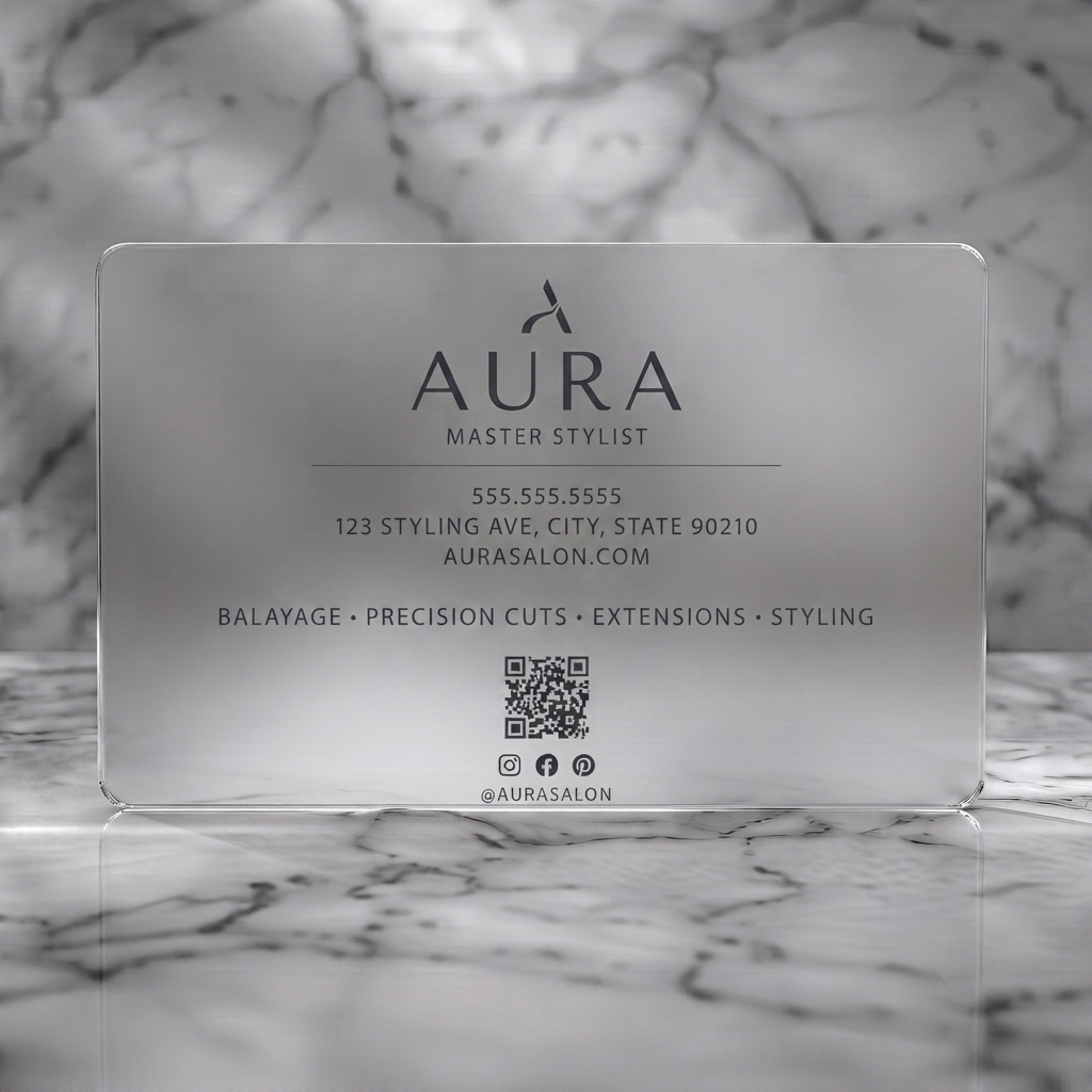Frosted translucent plastic business card featuring a clean, minimalist design featuring a custom logomark, sans-serif typography, QR, and social icons
