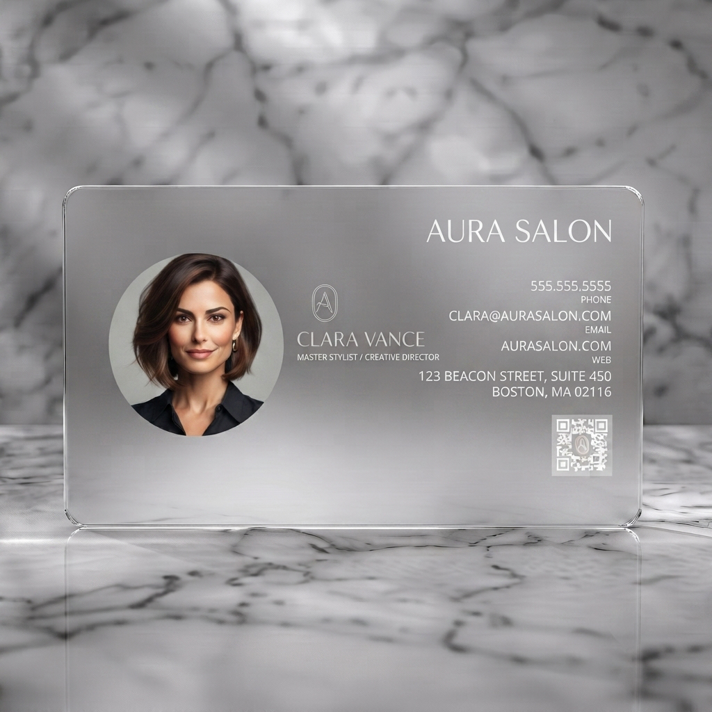 Frosted translucent plastic business card featuring modern two-tone design, professional headshot, elegant sans-serif fonts, and a subtle A logo