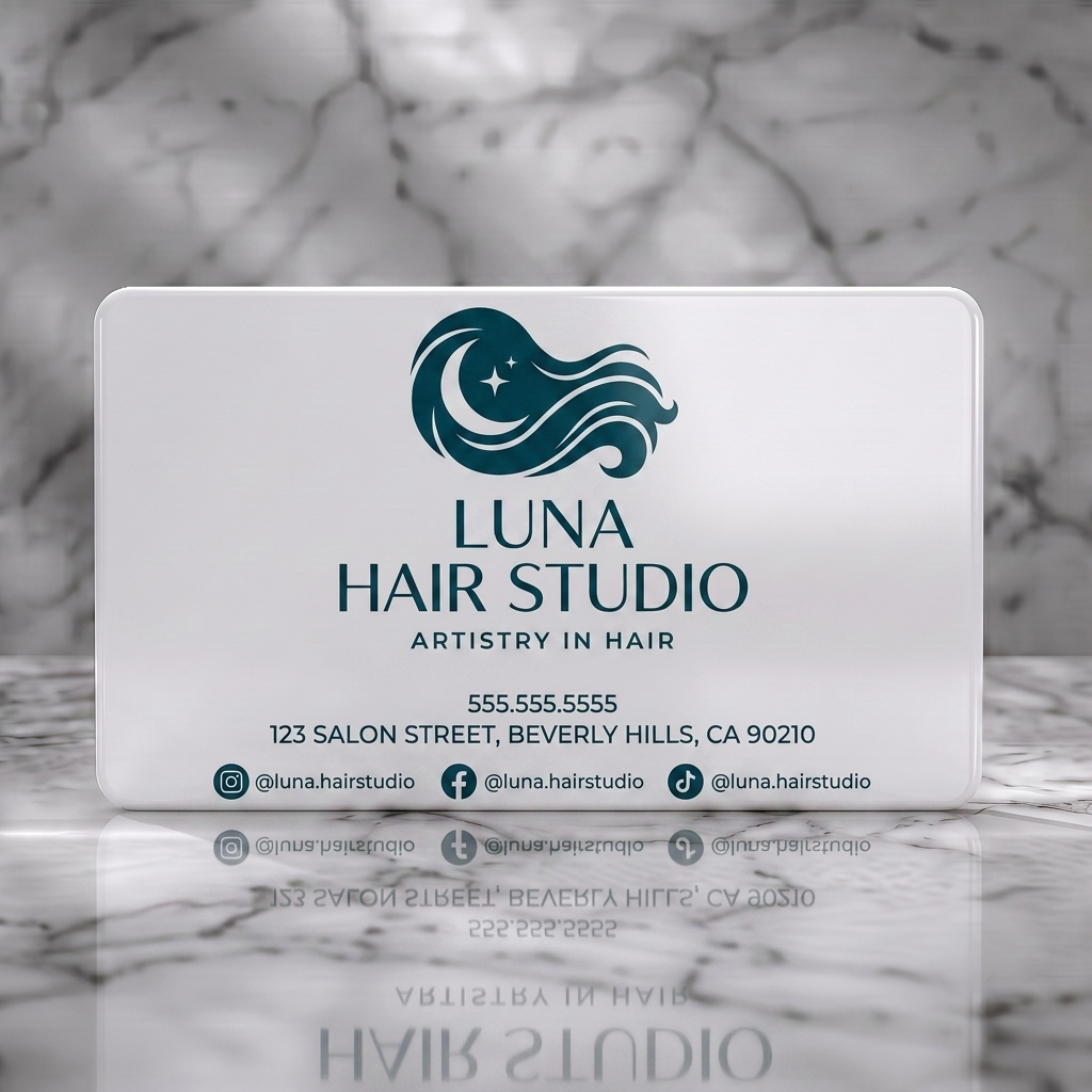 Solid white PVC business card featuring elegant teal hair waves, moon, stars logo with clean typography & social media icons