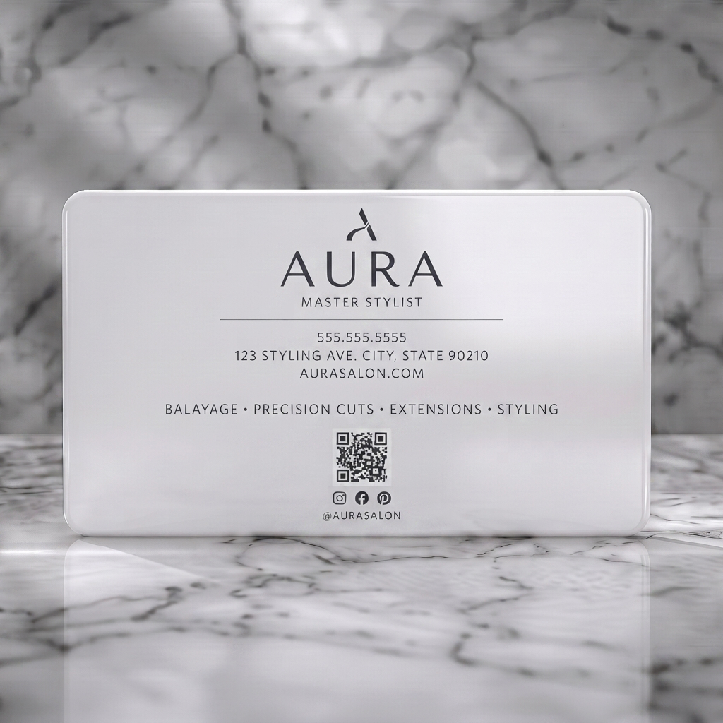 Solid white PVC business card featuring a clean, minimalist design featuring a custom logomark, sans-serif typography, QR, and social icons