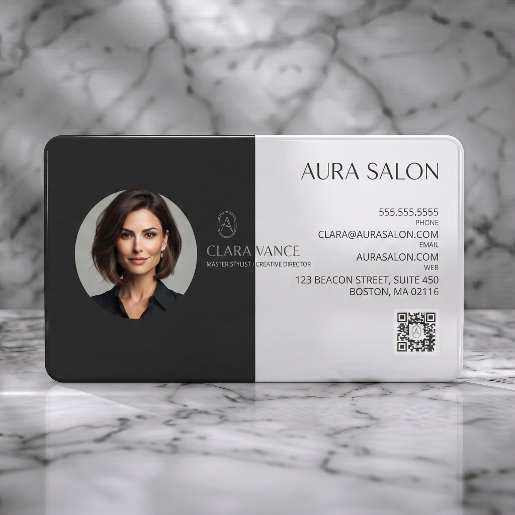 Solid white PVC business card featuring modern two-tone design, professional headshot, elegant sans-serif fonts, and a subtle A logo